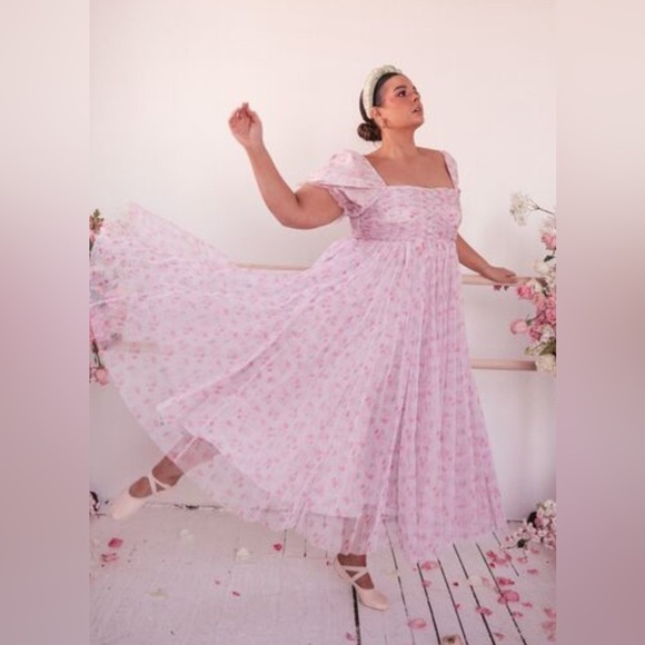 JessaKae Dresses & Skirts - JESSAKAE Promenade Puff Sleeve Floral Print Maxi Dress, Pink And White Large
